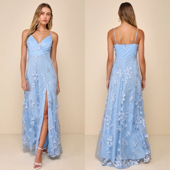 Lulus Rare Presence Powder Blue 3D Floral Surplice Maxi Dress M Wedding Party - Picture 1 of 10